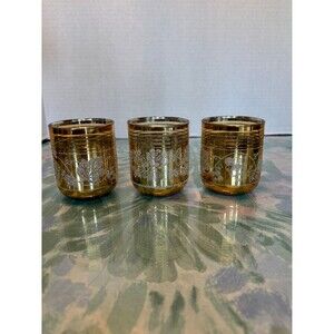 Mid Century Gold Stripes with 2 Etched Leaves and Grapes and 1 Floral